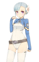 Rule 34 | 10s, 1girl, :o, awakumo, bad id, bad pixiv id, belt, belt skirt, blue eyes, blue hair, blunt bangs, blush, bodysuit, braid, breasts, clenched hands, cropped jacket, emblem, fin e ld si laffinty, flower, french braid, hair flower, hair ornament, hip focus, leotard, long sleeves, looking at viewer, matching hair/eyes, open mouth, paw pose, purple eyes, rinne no lagrange, short hair, sidelocks, simple background, sleeves past wrists, small breasts, solo, thighhighs, turtleneck, white background, white thighhighs