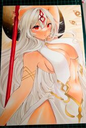 Rule 34 | 1girl, angel wings, azur lane, breast curtains, breasts, center opening, dark-skinned female, dark skin, dress, hair between eyes, highres, jewelry, large breasts, long hair, looking at viewer, marker (medium), mimi (mini1474), navel, parted lips, photo (medium), red eyes, revealing clothes, sao martinho (azur lane), solo, stomach, traditional media, white dress, white hair, white wings, wings