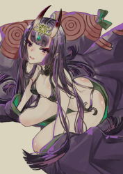 Rule 34 | 1girl, alternate hair length, alternate hairstyle, ass, blunt bangs, blush, breasts, commentary, fate/grand order, fate (series), horns, ishida kaname, japanese clothes, kimono, long hair, oni, open mouth, pointy ears, purple eyes, purple hair, shuten douji (fate), shuten douji (first ascension) (fate), simple background, skin-covered horns, small breasts, smile, solo, very long hair