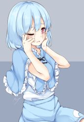 Rule 34 | 1girl, bad id, bad pixiv id, blue hair, blush, crying, hand on own face, highres, maremay0513, one eye closed, open mouth, red eyes, short hair, signature, solo, tatara kogasa, tears, touhou
