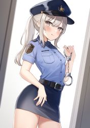 Rule 34 | 1girl, absurdres, belt, blue hat, blue shirt, blue skirt, blush, breasts, cuffs, grey eyes, grey hair, hat, highres, holding, long hair, looking at viewer, miniskirt, okiq, original, police, police hat, police uniform, policewoman, ponytail, shirt, simple background, skirt, small breasts, smile, solo, thighs, uniform