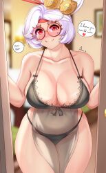 Rule 34 | 1girl, :q, anisdrawn, bare shoulders, blurry, blurry background, breasts, cleavage, commentary, cowboy shot, glasses, hair ornament, hair stick, head tilt, highres, large breasts, lingerie, looking at viewer, nintendo, purah, red-framed eyewear, red eyes, round eyewear, short hair, smile, solo, speech bubble, standing, the legend of zelda, the legend of zelda: tears of the kingdom, thighs, tongue, tongue out, underwear, white hair