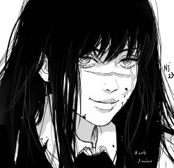 Rule 34 | 1girl, artist name, chainsaw man, collared shirt, commentary, cross scar, facial scar, greyscale, lips, monochrome, nicole jimenez, portrait, ringed eyes, scar, scar on cheek, scar on face, scar on nose, shirt, signature, smile, solo, yoru (chainsaw man)