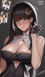 Rule 34 | 1boy, 2024, 2girls, absurdres, ahoge, aqua eyes, baizhi (wuthering waves), bare shoulders, black dress, black gloves, black hair, black jacket, blush, breasts, closed eyes, closed mouth, clothing cutout, collar, commentary, dated, dress, ear piercing, embarrassed, english commentary, english text, female rover (wuthering waves), flower, gloves, grey background, grey shirt, hair between eyes, hair flower, hair ornament, highres, huge breasts, jacket, long hair, looking at viewer, male rover (wuthering waves), multiple girls, partially fingerless gloves, piercing, rover (wuthering waves), shirt, shiwudesu, signature, smile, solo focus, sticker, stomach cutout, tacet mark (wuthering waves), upper body, white collar, wuthering waves