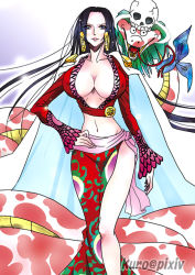 Rule 34 | boa hancock, breasts, cape, cleavage, earrings, epaulettes, jewelry, long hair, midriff, navel, one piece, salome (one piece), skull, snake