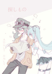 Rule 34 | 2girls, aqua eyes, aqua hair, bare shoulders, black pants, blush, collarbone, commentary request, cover, cover page, cowboy shot, earrings, eighth note, english text, gloves, goggles, goggles on headwear, green eyes, green hair, grey gloves, hat, hatsune miku, highres, jacket, jewelry, long hair, looking at another, magical mirai (vocaloid), magical mirai miku, magical mirai miku (2017), multiple girls, musical note, nejikyuu, orange jacket, pants, selfcest, smile, suna no wakusei (vocaloid), thighhighs, translation request, twintails, very long hair, vocaloid, white background, white legwear, yuri