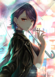 Rule 34 | 1girl, absurdres, black jacket, black nails, breasts, cigarette, closed mouth, commentary request, from side, gundou mirei, gundou mirei (5th costume), highres, holding, holding cigarette, jacket, jacket on shoulders, large breasts, leather, leather jacket, looking at viewer, looking to the side, nail polish, nijisanji, outdoors, purple hair, rai (newtype xm-x1), rain, red eyes, shirt tucked in, short hair, solo, transparent, transparent umbrella, umbrella, virtual youtuber