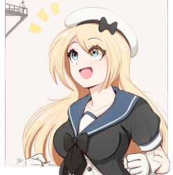 Rule 34 | 1boy, 1girl, admiral (kancolle), alternate breast size, beret, blonde hair, blue eyes, breasts, catwalk (walkway), collarbone, giant, giantess, gloves, hat, highres, jervis (kancolle), kantai collection, long hair, looking at another, medium breasts, open mouth, outside border, raps (yohomeboyraps), sailor collar, short sleeves, size difference, solo focus, white gloves, white headwear