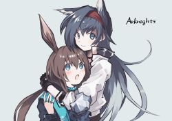Rule 34 | 2girls, amiya (arknights), animal ears, arknights, black gloves, black hair, black jacket, blaze (arknights), blue eyes, blush, brown hair, rabbit ears, cat ears, closed mouth, copyright name, fingerless gloves, fuco, gloves, hair between eyes, hairband, hand up, height difference, hug, infection monitor (arknights), jacket, jewelry, long hair, looking at another, looking at viewer, multiple girls, multiple rings, necklace, open mouth, red hairband, ring, simple background, smile, upper body, very long hair, white jacket, yuri