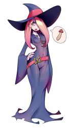 Rule 34 | 10s, 1girl, absurdres, belt, breasts, covered navel, drooling, full body, hair over one eye, hat, highres, impossible clothes, little witch academia, long hair, looking at viewer, mushroom, red eyes, red hair, saliva, sexually suggestive, simple background, skinny, slender, slugbox, small breasts, solo, standing, sucy manbavaran, white background, witch hat