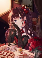 Rule 34 | 1girl, bare shoulders, black gloves, blush, bow, brooch, brown hair, buri (retty9349), cake, cake slice, chair, cherry, cup, dress, elbow gloves, flower, food, fruit, gem, gloves, hair bow, hair intakes, head tilt, highres, ichinose shiki, idolmaster, idolmaster cinderella girls, indoors, jewelry, long hair, looking at viewer, neck ribbon, painting (object), parted lips, pink lips, purple eyes, red bow, red dress, red flower, red gemstone, red ribbon, red rose, ribbon, rose, sitting, sleeveless, sleeveless dress, smile, solo, table, teacup, teaspoon, twintails, upper body, very long hair