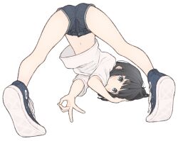 Rule 34 | 1girl, 1ssakawaguchi, ass, black hair, blue eyes, blue footwear, blue shorts, blunt bangs, blush, bob cut, closed mouth, clothes lift, commentary, commentary request, denim, denim shorts, foreshortening, from behind, full body, hand on ground, hand to head, head on ground, heel up, highres, ichika (1ssakawaguchi), jack-o&#039; challenge, kneepits, light blush, looking at viewer, looking back, loose hair strand, midriff, navel, ok sign, original, pursed lips, shirt, shirt lift, shoes, short hair, short shorts, short sleeves, shorts, simple background, sneakers, solo, spread legs, t-shirt, top-down bottom-up, two-tone footwear, v, white background, white footwear, white shirt