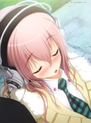 Rule 34 | 10s, 1girl, 2011, absurdres, blush, dutch angle, female focus, flat chest, from above, fur trim, glass, hair between eyes, headphones, highres, indoors, long hair, necktie, nitroplus, official art, open mouth, pink hair, scan, sleeping, solo, super sonico, sweater, tsuji santa, uniform, upper body