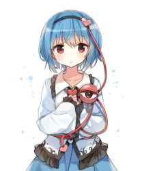 Rule 34 | 1girl, alternate color, bad id, bad twitter id, blue hair, color switch, cosplay, eyeball, hairband, heart, highres, hinanawi tenshi, hinanawi tenshi (cosplay), komeiji satori, long sleeves, looking at viewer, parted lips, player 2, red eyes, shirt, shnva, short hair, simple background, skirt, solo, string, third eye, touhou, upper body, white background, wide sleeves