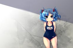 Rule 34 | 1girl, bad id, bad pixiv id, blue eyes, blue hair, female focus, hair bobbles, hair ornament, kawashiro nitori, key, mano (shampoohatter), matching hair/eyes, name tag, one-piece swimsuit, school swimsuit, short hair, solo, swimsuit, touhou, twintails, two side up