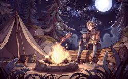 Rule 34 | 1boy, blonde hair, blush, camp, campfire, cloud, cup, ezreal, facial mark, fire, fur-trimmed jacket, fur trim, goggles, holding, holding cup, jacket, knee pads, league of legends, log, male focus, moon, moss, mushroom, night, night sky, outdoors, pants, rock, shoes, short hair, sitting, sky, solo, star (sky), tent, tree, wenny02