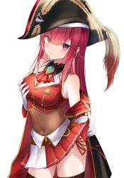 Rule 34 | 1girl, ascot, blush, breasts, brooch, closed mouth, clothes lift, contrapposto, covered navel, cowboy shot, cropped vest, gloves, gold trim, hair down, hand on own chest, hat, hat feather, heterochromia, highres, hololive, houshou marine, houshou marine (1st costume), jacket, jewelry, lifting own clothes, long hair, looking at viewer, medium breasts, miniskirt, off shoulder, pirate hat, pleated skirt, plume, red eyes, red hair, red skirt, red vest, rim (rimmon2438), skirt, skirt lift, smile, solo, straight hair, thighhighs, thighs, two-sided fabric, two-sided jacket, vest, virtual youtuber, white gloves, yellow eyes
