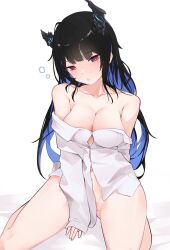 Rule 34 | 1girl, absurdres, asymmetrical horns, bare shoulders, black hair, blue hair, blush, bottomless, breasts, commentary, english commentary, highres, hololive, hololive english, horns, kneeling, large breasts, long hair, looking at viewer, messy hair, mole, mole on crotch, mole under eye, namiorii, nerissa ravencroft, parted lips, red eyes, shirt, solo, thighs, uneven horns, very long hair, virtual youtuber, waking up, white shirt