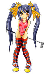 Rule 34 | blue hair, competition swimsuit, golf club, ichiyasu, kooh, long hair, one-piece swimsuit, pangya, red eyes, solo, swimsuit, thighhighs, twintails