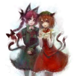Rule 34 | 2girls, animal ears, braid, brown hair, cat ears, cat girl, cat tail, chen, dress, extra ears, faux traditional media, female focus, hiepita (1014), highres, kaenbyou rin, long hair, long sleeves, multiple girls, multiple tails, paw pose, pointy ears, red hair, short hair, skirt, skirt set, tail, touhou, twin braids