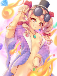 Rule 34 | 1girl, aura, bangle, banknote, bow, bracelet, breasts, coat, collarbone, covering privates, covering crotch, drill hair, dunceneygak, dutch angle, earrings, eyewear on head, floral print, gold, hat, hat bow, heart, heart-shaped pupils, high collar, holding, holding money, jacket, jewelry, light brown hair, long sleeves, midriff, mini hat, mini top hat, money, money gesture, naked coat, necklace, nipples, orange eyes, pendant, purple coat, purple jacket, ribbon, ring, round eyewear, simple background, small breasts, stomach, sunglasses, symbol-shaped pupils, tongue, tongue out, top hat, touhou, twin drills, white background, wide sleeves, yorigami jo&#039;on