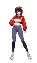 Rule 34 | 1girl, animal ears, black hairband, black pants, breasts, brown hair, cat ears, commission, crop top, cropped jacket, drawstring, fake animal ears, full body, hairband, hand on own hip, high collar, highres, jacket, large breasts, leggings, long sleeves, midriff, mole, mole under eye, moth1, navel, original, pants, parted lips, prunechi, red eyes, red jacket, shirt, shoes, short hair, simple background, sneakers, solo, standing, stomach, white background, white footwear, white shirt