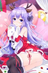 Rule 34 | 1girl, animal ears, antlers, ass, azur lane, bare shoulders, bauble, bird, black bow, black ribbon, black thighhighs, blurry, blurry background, bow, chick, christmas, christmas ornaments, clothing cutout, commentary request, curtains, deer ears, depth of field, detached sleeves, dress, fake animal ears, fake facial hair, fake mustache, feet out of frame, fur-trimmed legwear, fur-trimmed sleeves, fur trim, hair bun, hair ribbon, hat, heart, heart-shaped pillow, highres, horns, hugging doll, hugging object, leg ribbon, light particles, long hair, long sleeves, looking at viewer, lying, on side, pillow, purple eyes, purple hair, reclining, red dress, red hat, red ribbon, reindeer antlers, ribbon, santa costume, santa hat, shiira (nya rl), side bun, side cutout, sidelocks, single hair bun, single side bun, solo, stuffed winged unicorn, thighhighs, thighs, unicorn (azur lane), wavy hair