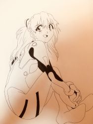 Rule 34 | 1girl, ass, bodysuit, breasts, eywy4324, fetal position, full body, hair between eyes, hair ornament, highres, huge ass, long hair, looking at viewer, monochrome, neon genesis evangelion, pilot suit, plugsuit, simple background, sitting, skin tight, smile, solo, souryuu asuka langley, traditional media, two side up, very long hair, wide hips