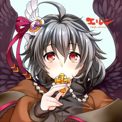 Rule 34 | 1girl, ahoge, artist name, black hair, black wings, character name, covering own mouth, cross, cross necklace, eln (sennen sensou aigis), jewelry, lowres, miniru, necklace, red eyes, rosary, sennen sensou aigis, solo, winged hair ornament, wings