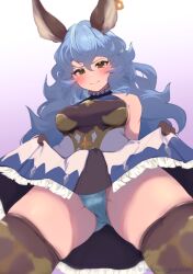 Rule 34 | 1girl, absurdres, animal ears, ass, bare back, bare shoulders, blue hair, blue panties, blue skirt, blush, breasts, brown gloves, brown thighhighs, closed mouth, clothes lift, clothes pull, curly hair, detached collar, embarrassed, erune, ferry (granblue fantasy), frilled gloves, frilled skirt, frills, from below, gloves, gluteal fold, granblue fantasy, highres, inuinuo gataken, legs apart, long hair, looking at viewer, looking down, medium breasts, miniskirt, panties, pulled by self, skirt, skirt lift, solo, spread legs, standing, tearing up, thighhighs, tsurime, twitter username, underwear, upskirt, very long hair, yellow eyes