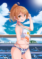 Rule 34 | 1girl, bikini, blue sky, blurry, blurry background, breasts, brown hair, cloud, cloudy sky, commentary, cowboy shot, cup, day, depth of field, drinking glass, drinking straw, floral print, food, from side, fruit, halterneck, hand in own hair, highres, hojo karen, holding, holding cup, horizon, ice, idolmaster, idolmaster cinderella girls, jewelry, lime (fruit), lime slice, looking at viewer, medium breasts, medium hair, mismatched bikini, multi-strapped bikini, navel, necklace, ocean, open mouth, outdoors, ponytail, print bikini, railing, sky, smile, solo, standing, swimsuit, water drop, yuuichi (reductionblack)