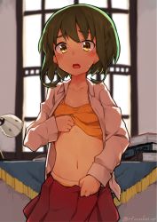 Rule 34 | 10s, 1girl, :o, bad id, bad twitter id, blush, book, book stack, camisole, collarbone, collared shirt, cowboy shot, desk, desk lamp, dress shirt, eyebrows, green hair, indoors, kantai collection, lamp, long sleeves, looking at viewer, midriff, navel, open clothes, open mouth, open shirt, panties, pleated skirt, red skirt, rimukoro, shirt, short hair, skirt, solo, standing, stomach, striped clothes, striped panties, sweatdrop, table, tablecloth, takanami (kancolle), tareme, thick eyebrows, underwear, undressing, white shirt, window, yellow eyes