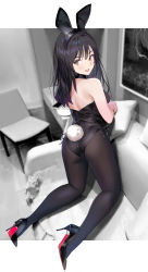 Rule 34 | absurdres, animal ears, ass, back, backless leotard, black hair, chair, character request, couch, fake animal ears, high heels, highres, leotard, looking at viewer, looking back, miyazakisoul, open mouth, pantyhose, playboy bunny, rabbit ears, rabbit tail, solo, tail, thighs