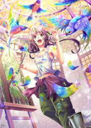 Rule 34 | 1girl, :d, bare shoulders, bird, brown hair, bucket, collarbone, colorful, feathers, holding, kisaragi seika, long hair, open mouth, original, paintbrush, painting (action), painting (object), smile, solo, tank top, yellow eyes