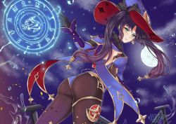 Rule 34 | 1girl, absurdres, ass, blush, breasts, cape, detached sleeves, from behind, from below, full moon, genshin impact, gloves, green eyes, hair ornament, hair ribbon, hat, highres, leotard, long hair, looking at viewer, mona (genshin impact), moon, pantyhose, purple hair, ribbon, ryuuneart, shiny clothes, sideboob, skin tight, smile, solo, thighlet, twintails, very long hair
