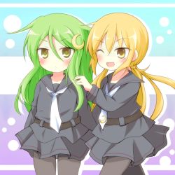 Rule 34 | 10s, 2girls, arms behind back, belt, black serafuku, blonde hair, blush, crescent, crescent hair ornament, green hair, grey legwear, hair ornament, hand on another&#039;s shoulder, kantai collection, long hair, long sleeves, looking at viewer, multicolored background, multiple girls, nagatsuki (kancolle), necktie, one eye closed, open mouth, pantyhose, satsuki (kancolle), school uniform, serafuku, striped, striped background, takojiru, twintails, wink, yellow eyes