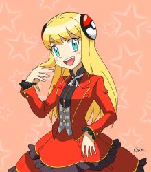 Rule 34 | 1girl, bad id, bad pixiv id, blonde hair, blue eyes, creatures (company), frills, game freak, looking at viewer, nintendo, pokemon, pokemon duel, sharon (pokemon), simple background, smile, solo, teeth