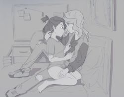 Rule 34 | 2girls, alternate costume, bed, couple, diana cavendish, eye contact, grey background, highres, imminent kiss, kagari atsuko, little witch academia, looking at another, monochrome, multiple girls, panties, pants, shirt, sitting, underwear, wavy hair, yuri