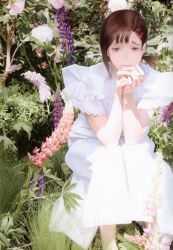 Rule 34 | 1girl, absurdres, brown hair, chainsaw man, cosplay, dappled sunlight, day, dress, flower, frilled sleeves, frills, hair ornament, hairclip, higashiyama kobeni, highres, jewelry, looking at viewer, mole, mole under eye, mole under mouth, nayeon (twice), nayeon (twice) (cosplay), on grass, own hands together, photo-referenced, real life, ring, short hair, short ponytail, side ponytail, single sidelock, sitting, solo, sunlight, swept bangs, twice (group), white dress, xyanaid