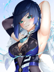 Rule 34 | 1girl, ai (u e o o), armpits, arms behind head, bead necklace, beads, black hair, blue eyes, blunt bangs, braid, breasts, chinese clothes, cleavage, coat, coat on shoulders, commentary request, earrings, eyes visible through hair, fur-trimmed coat, fur trim, genshin impact, highres, jewelry, looking at viewer, necklace, parted bangs, parted lips, prayer beads, presenting armpit, short hair, sidelocks, simple background, single braid, smile, solo, vision (genshin impact), white background, yelan (genshin impact)