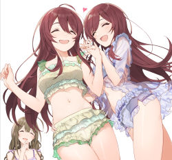Rule 34 | 3girls, ahoge, bare shoulders, blush, breasts, brown hair, cleavage, closed eyes, commentary request, hayashi kewi, heart, idolmaster, idolmaster shiny colors, kuwayama chiyuki, large breasts, long hair, multiple girls, navel, open mouth, osaki amana, osaki tenka, resolution mismatch, siblings, simple background, sisters, smile, source larger, swept bangs, thighs, twins, white background