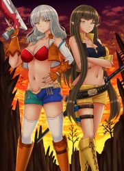 Rule 34 | 2girls, aqua nails, bare shoulders, black hair, blue shorts, boots, breasts, brown eyes, brown footwear, brown gloves, brown vest, carmilla (fate), cleavage, commentary, commission, cowboy, cowboy western, cross-laced footwear, crossed arms, detached sleeves, fate/grand order, fate (series), feet out of frame, fingerless gloves, gloves, green shorts, gun, hand on own hip, hand up, highres, holding, holding gun, holding weapon, katana, kazenokaze, knee boots, lace-up boots, long hair, medium breasts, multiple girls, nail polish, navel, outdoors, pointy ears, semiramis (fate), sheath, sheathed, short shorts, shorts, silver hair, single detached sleeve, space ishtar (second ascension) (fate), standing, sunset, sword, thigh strap, thighhighs, thighhighs under boots, trigger discipline, very long hair, vest, weapon, western, white legwear, white sleeves, yellow footwear, yellow gloves, yellow shorts