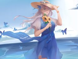 Rule 34 | 1girl, bad id, bad pixiv id, blue dress, blue eyes, blue sky, bug, butterfly, closed mouth, commentary request, day, dress, flower, hair ribbon, hand on headwear, hat, hat flower, holding, holding flower, insect, lexington (warship girls r), long hair, looking at viewer, outdoors, petals, revision, ribbon, rifu (643763873), silver hair, sky, solo, sun hat, sunflower, warship girls r, water