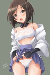 Rule 34 | 1girl, artist name, bad id, bad twitter id, blue skirt, blush, breasts, brown eyes, brown hair, clothes lift, cowboy shot, detached sleeves, fang, grey background, hakama, hakama short skirt, hakama skirt, haruhata mutsuki, japanese clothes, kuroda kunika, long sleeves, looking at viewer, medium breasts, noble witches, open mouth, panties, see-through, shirt, short hair, signature, simple background, skirt, skirt lift, smile, solo, standing, strapless, swept bangs, tube top, twitter username, underwear, white panties, white shirt, white tube top, wide sleeves, world witches series
