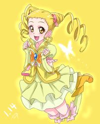Rule 34 | 00s, 1girl, blonde hair, brooch, bug, butterfly, butterfly earrings, chocokin, cone hair bun, cure lemonade, double bun, drill hair, earrings, fingerless gloves, full body, gloves, hair bun, insect, jewelry, jumping, kasugano urara (yes! precure 5), long hair, looking at viewer, magical girl, precure, shoes, signature, skirt, smile, solo, thighhighs, twin drills, yellow background, yellow eyes, yellow footwear, yellow skirt, yellow theme, yellow thighhighs, yes! precure 5, yes! precure 5 gogo!