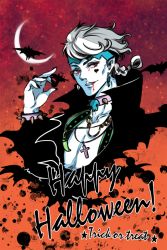 Rule 34 | 1boy, bat (animal), black nails, blood, blood from mouth, bracelet, braid, collar, colored skin, crescent moon, cross, cross necklace, earrings, halloween, happy halloween, headband, heart, jewelry, jojo no kimyou na bouken, kishibe rohan, male focus, moon, nail polish, necklace, pointy ears, red eyes, sata0321, silver hair, skull, solo, spiked bracelet, spiked collar, spikes, tooth necklace, trick or treat, vampire, white skin