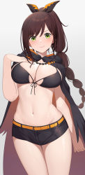 Rule 34 | 1girl, absurdres, bead necklace, beads, belt, bikini, bikini top only, black bikini, black cape, black ribbon, black shorts, blush, braid, braided ponytail, breasts, brown hair, cape, cleavage, closed mouth, collarbone, commentary, commission, cowboy shot, front-tie bikini top, front-tie top, green eyes, groin, hair between eyes, hair ribbon, hand on own chest, highres, jewelry, large breasts, long hair, looking at viewer, motono (sakamotono), multi-tied hair, navel, necklace, orange belt, orange cape, pixiv commission, ponytail, re:zero kara hajimeru isekai seikatsu, ribbon, shaula (re:zero), short shorts, shorts, sidelocks, simple background, smile, smug, solo, standing, star (symbol), star necklace, stomach, swimsuit, two-tone cape, white background