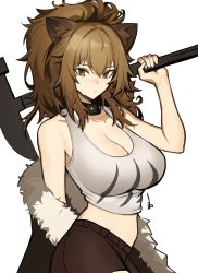 Rule 34 | 1girl, absurdres, animal ear fluff, animal ears, arknights, bare shoulders, black jacket, breasts, brown eyes, brown hair, brown shorts, cleavage, closed mouth, collar, collarbone, contrapposto, cowboy shot, distr, fur-trimmed jacket, fur trim, green shirt, hammer, highres, holding, holding hammer, holding weapon, jacket, large breasts, lion ears, long hair, looking at viewer, off shoulder, ponytail, shirt, short shorts, shorts, sidelocks, siege (arknights), solo, tank top, weapon