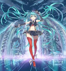 Rule 34 | 1girl, ankle ribbon, bad id, bad pixiv id, breasts, building, city, cloud, distortion, frills, full body, gloves, green eyes, green hair, hat, hatsune miku, high heels, highres, leg ribbon, legs, long hair, midriff, navel, night, pleated skirt, reflection, ribbon, skirt, sky, skyscraper, small breasts, smile, solo, star (sky), star (symbol), starry sky, sun (sunsun28), suspender skirt, suspenders, thighhighs, twintails, very long hair, vocaloid