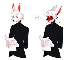 Rule 34 | 1boy, absurdres, animal ears, black jacket, closed eyes, closed mouth, colored skin, commentary, cropped torso, crrn, english commentary, fangs, forked tongue, hands up, highres, holding, holding paper, jacket, long sleeves, male focus, monster boy, multiple views, open mouth, original, paper, rabbit ears, red eyes, short hair, simple background, snake boy, tearing up, tongue, tongue out, upper body, white background, white hair, white skin, yawning